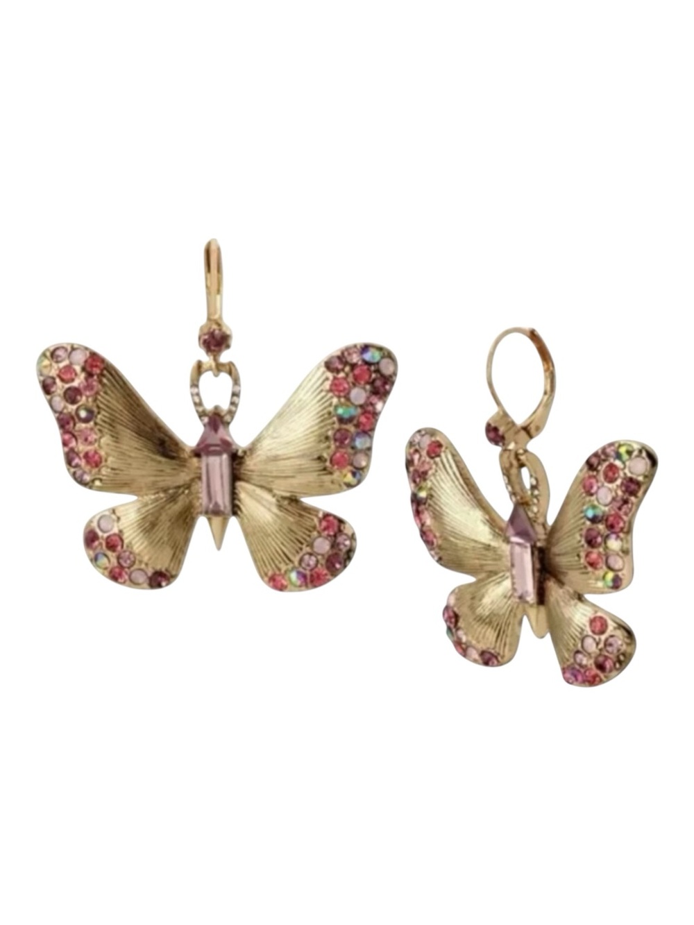 Betsey Johnson Gold Tone Butterfly Drop Earrings Purple Tonal Crystal Leverback - Picture 2 of 9